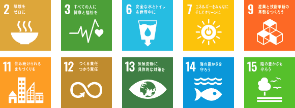 SDGsアイコン(2,3,6,7,9,11,12,13,14,15) SDGsアイコン(2,3,6,7,9,11,12,13,14,15)
